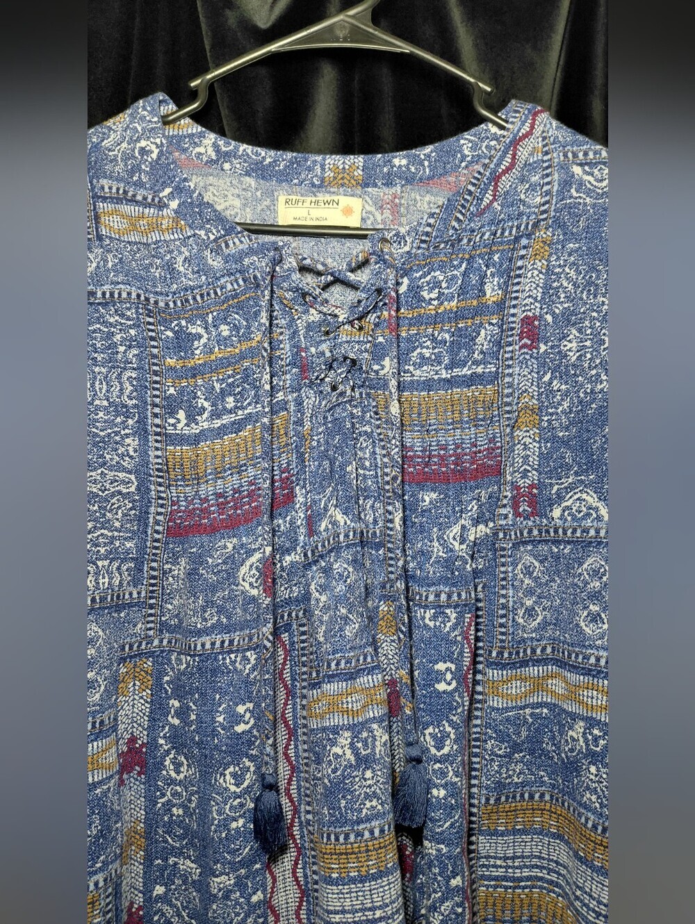 Ruff Hewn Blue Printed Lace-Up Women’s Top